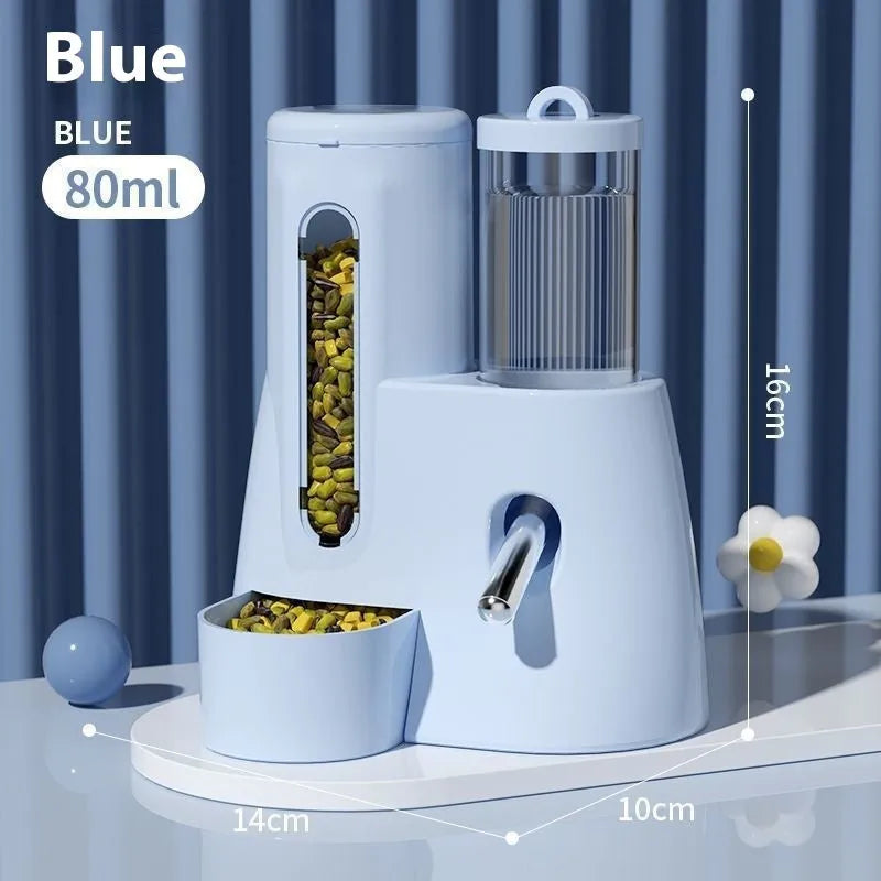 Hamster automatic drinking water feeder and food basin in white, blue, and pink colour options