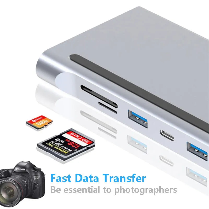 11-in-1 multifunctional laptop docking station with eleven USB 3.0 interfaces in Photo Color, no external power supply needed.