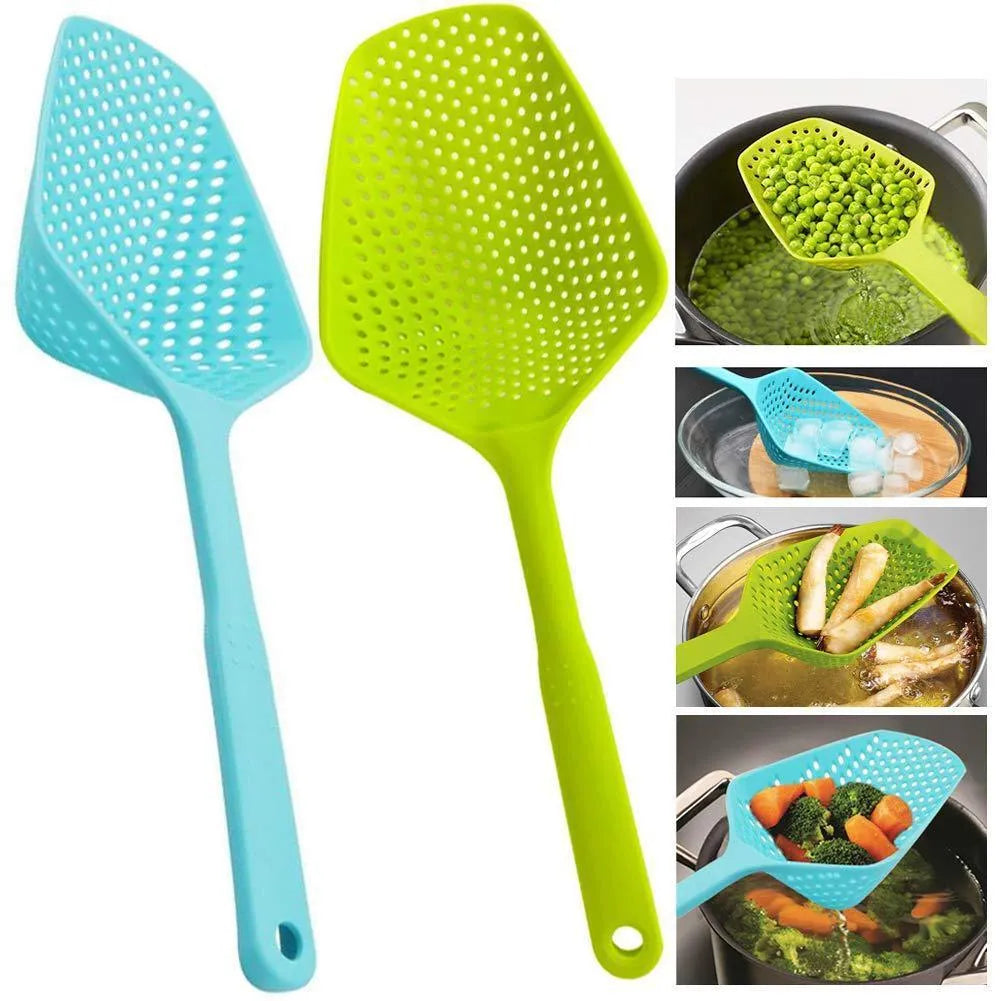 Nylon kitchen strainer with large scoop design for draining fried foods and soup