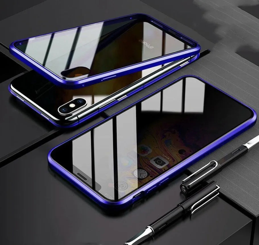 Machined glass clamshell anti-spy phone case in black, shown closed and open next to an iPhone.