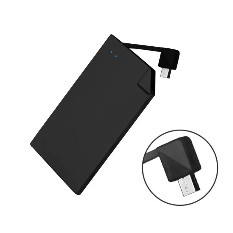 Silver aluminium graphene power bank showing slim 4mm profile with Lightning and Micro-USB ports