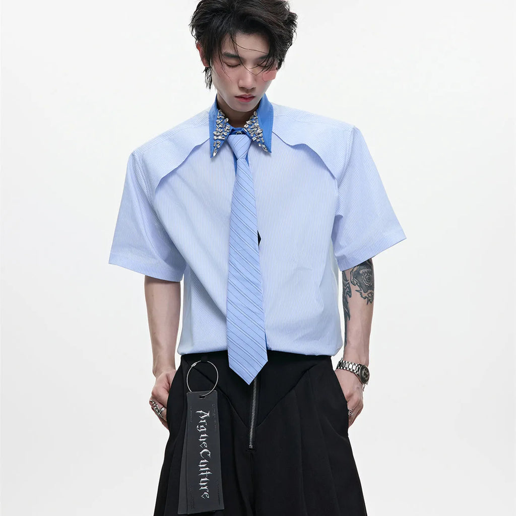 Men's blue patchwork striped shirt with diamond tie detail, loose fit, and button-down collar
