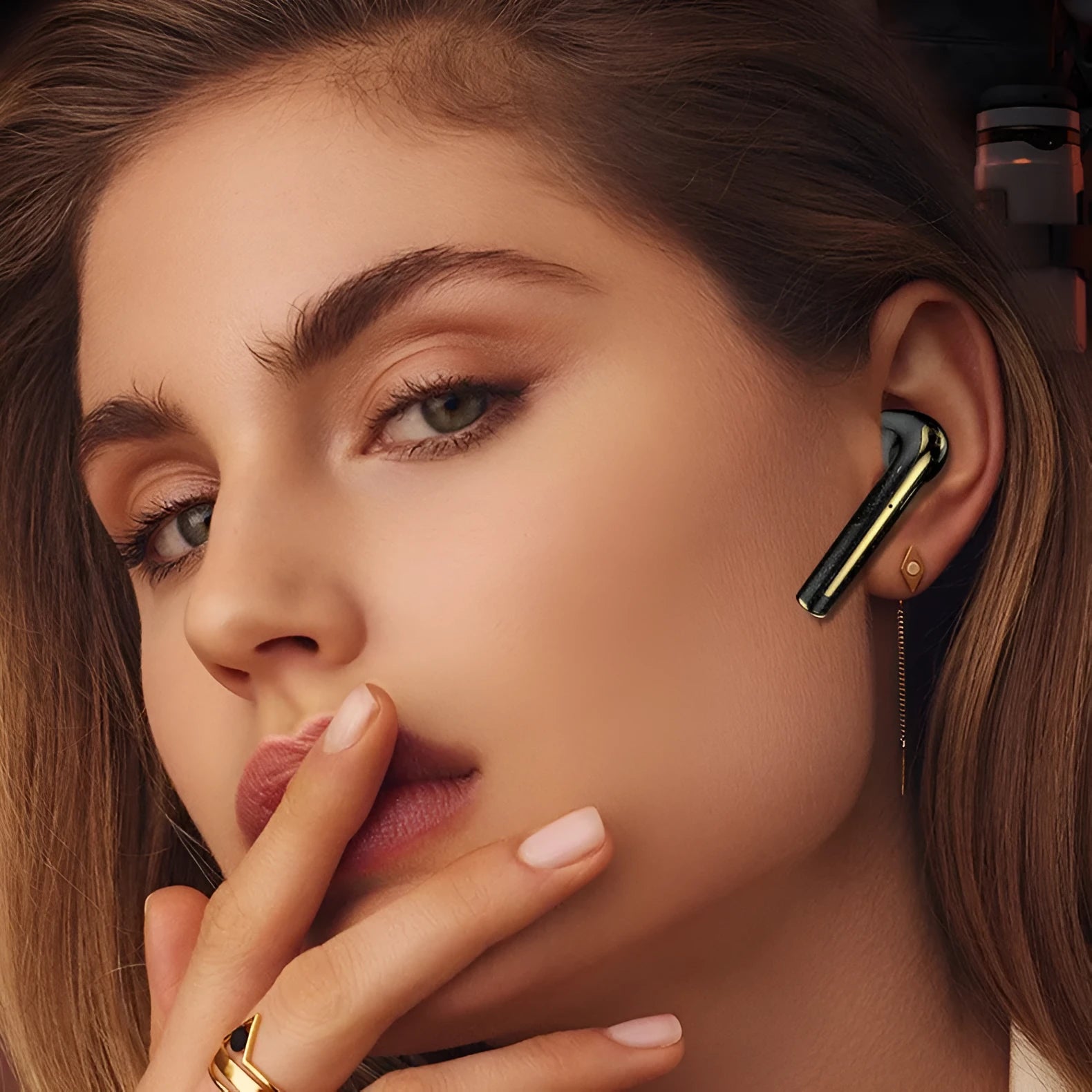 Wireless binaural earplug earbuds with touch digital display, black finish, Bluetooth 5.2
