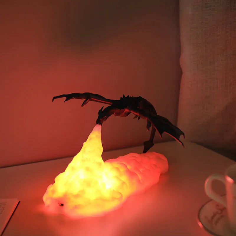 3D printed biodegradable PLA dragon LED night light with warm glow, rechargeable, blue and red colour options