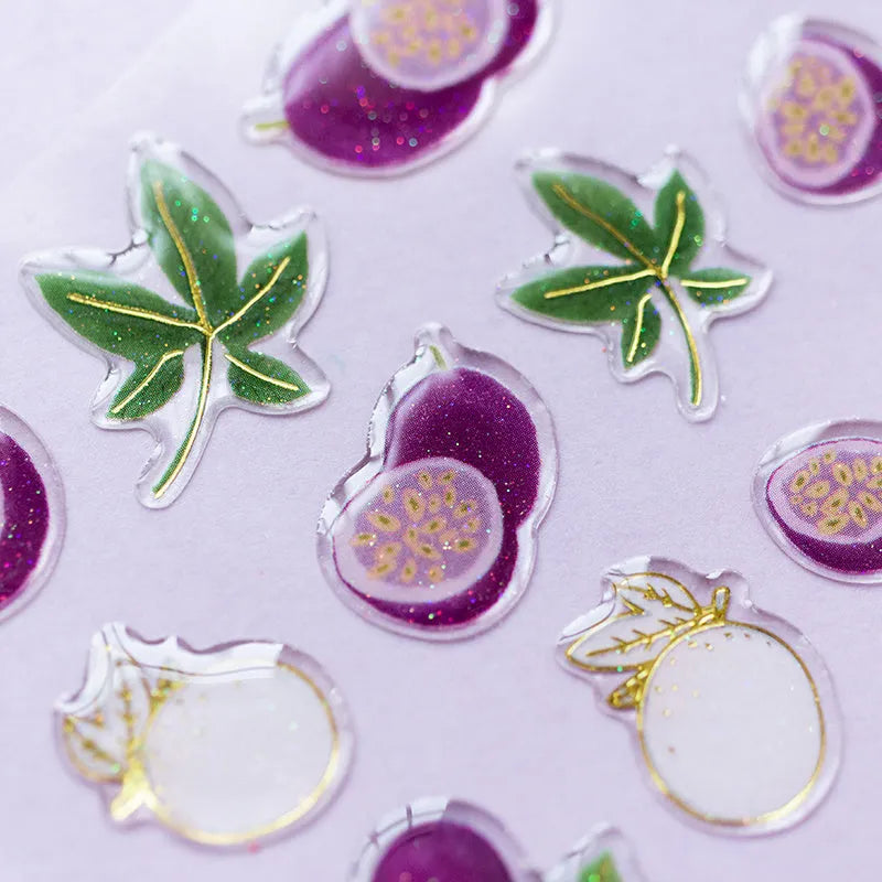 Set of six fruit bronzing stickers including grape, orange, passion fruit designs for phone decoration