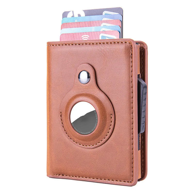 Automatic PU leather card wallet in Crazy Horse finish with anti-lost feature, card slots, and slim profile
