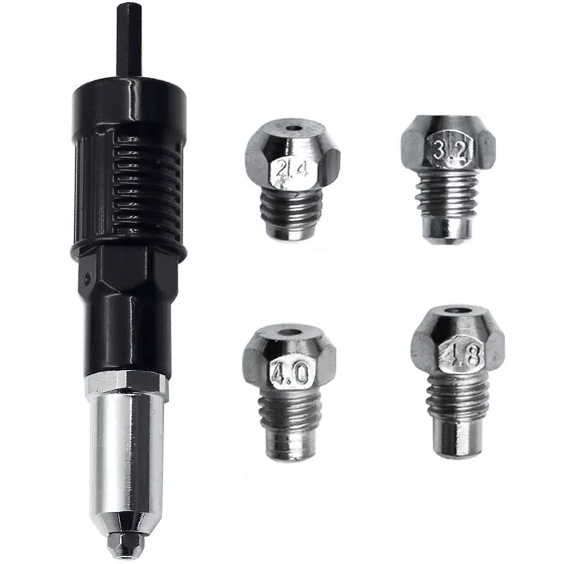Black metal electric drill rivet gun with handle, wrench, and rivet heads on a workbench.