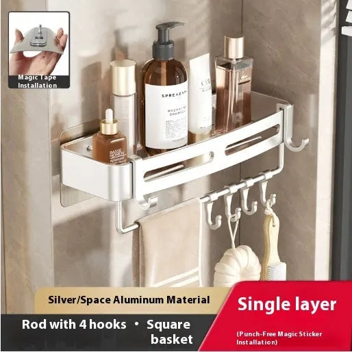 Gun grey triangle-shaped bathroom shelf with adhesive wall mount and optional towel rod.
