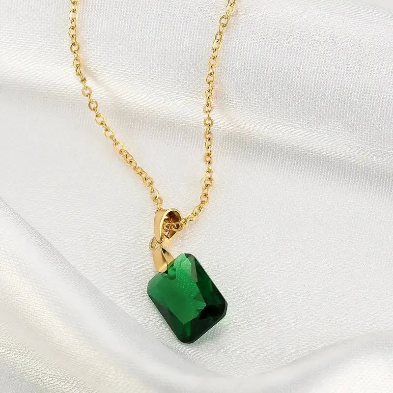 Copper rectangular geometric pendant necklace with green finish on O-ring chain