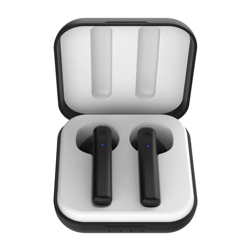 Macaron wireless sports headphones with charging bin in multiple colours including black and pink against white background