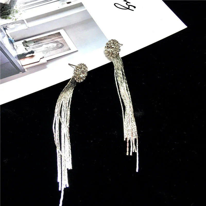 Silver plated crystal tassel drop earrings for women, Korean style dressing accessory