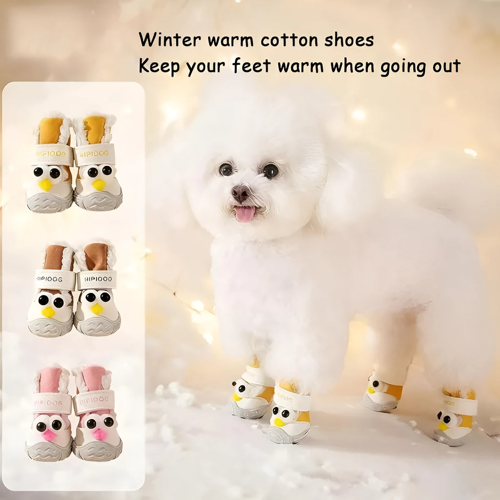 Thick warm anti-slip dog shoes with plush lining and adjustable strap for winter walks