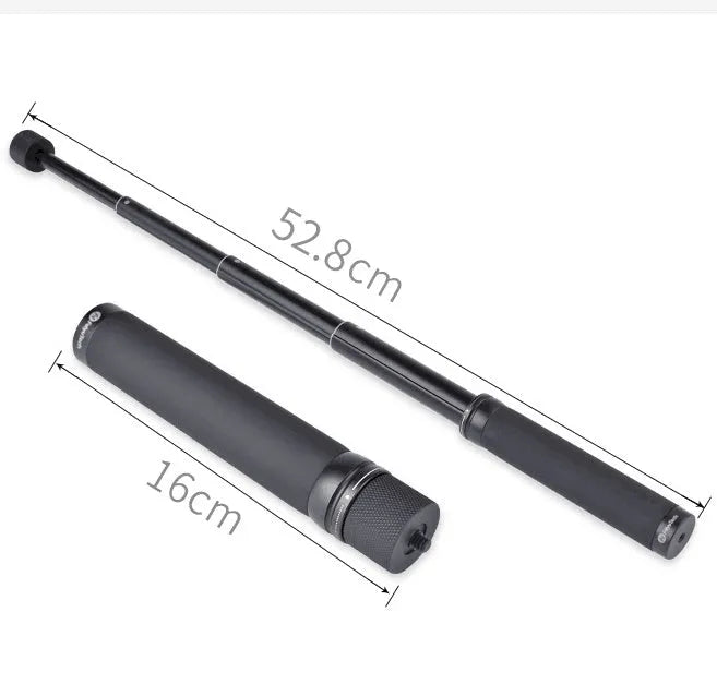 Black retractable aluminium selfie stick with Bluetooth remote and phone mount extended