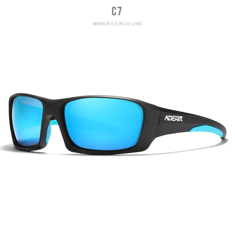 Ultralight polarised sports sunglasses with TR90 frame in assorted colours on a plain background.