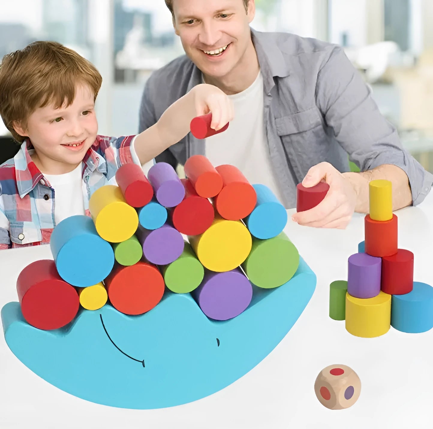 Yellow and blue wooden Moon Balance game toy for children aged 2-4 years.