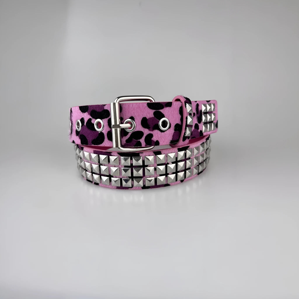 Women's punk style hip hop belt with metal decorative rivets and pyramid pattern on PU leather