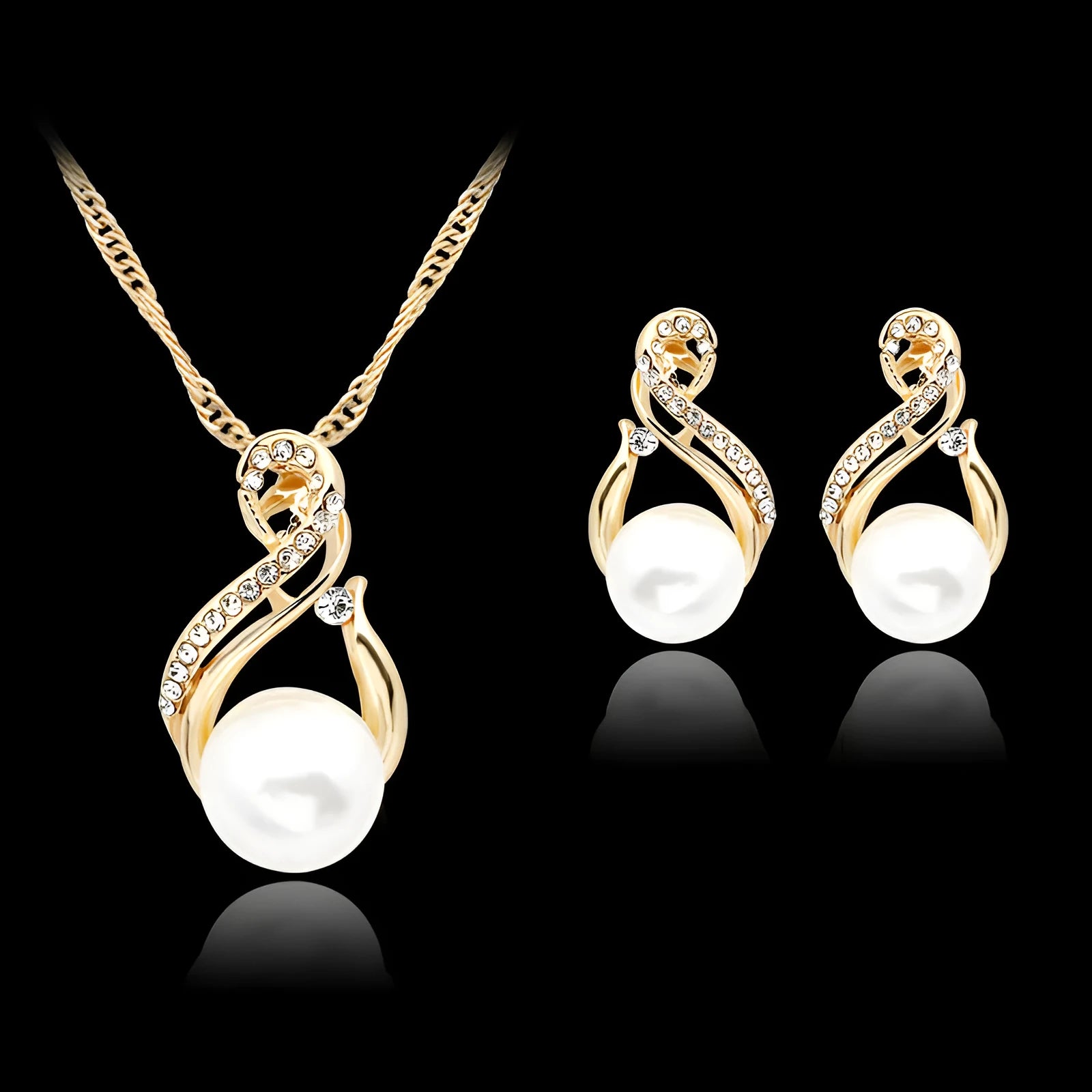 Gold tone pearl necklace and earrings set on display showing CA410-A colour with diamond-cut alloy finish