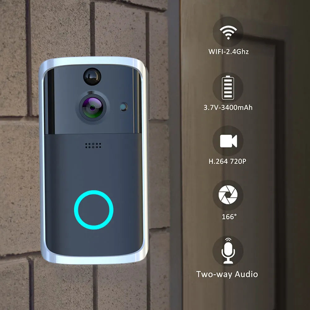 WiFi video doorbell camera in black, compact size, with night vision feature and two-way intercom