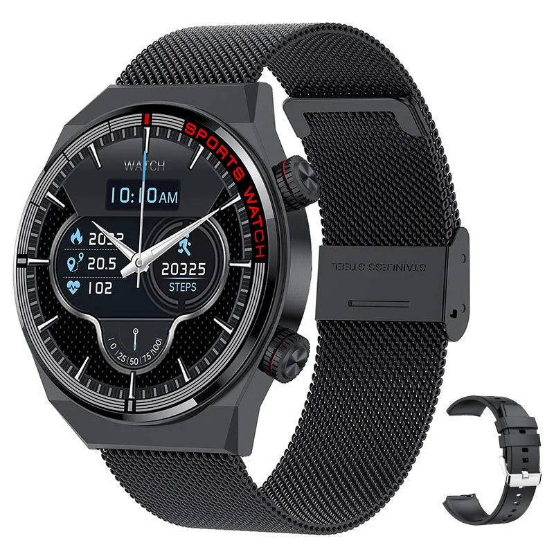 Smartwatch with rotary dial, black leather strap, and 1.3-inch screen displaying health stats.