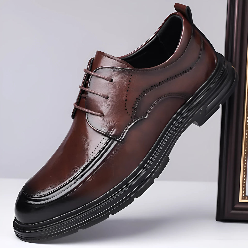 Men's brown cowhide leather lace-up formal shoes, round toe, rubber sole, low top, size 37-45