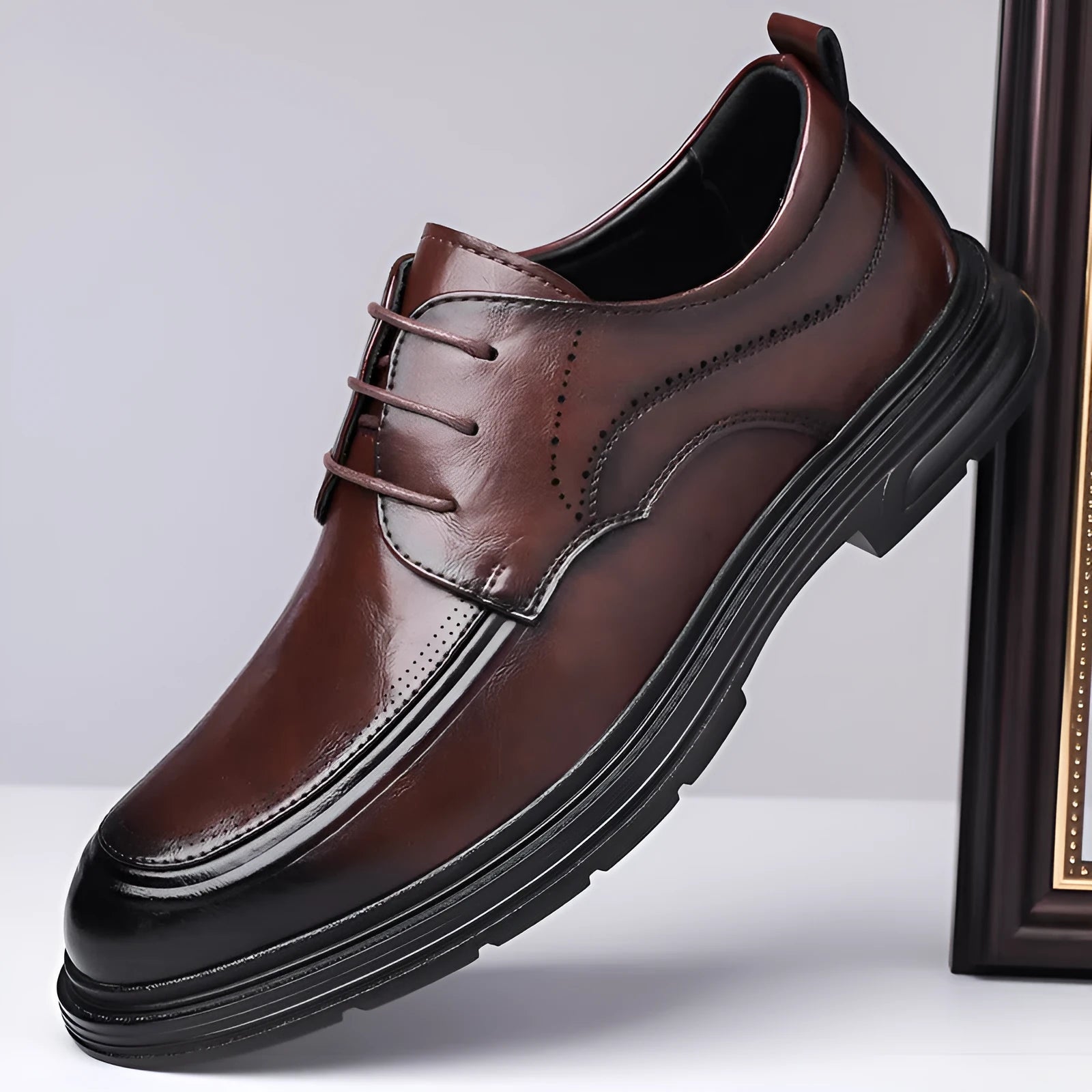 Men's brown cowhide leather lace-up formal shoes, round toe, rubber sole, low top, size 37-45