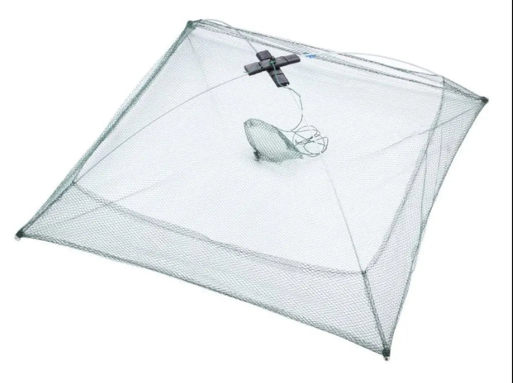 Green nylon pull-out fishing net with 60x60cm net head for compact landing and storage