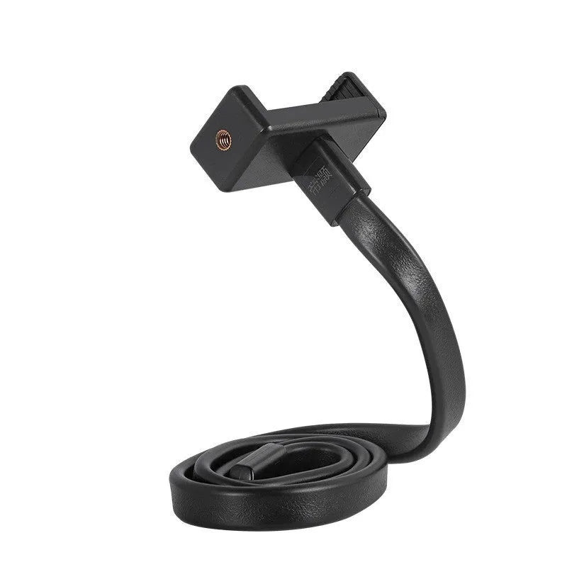 Black flexible silicone hose phone holder with aluminium and ABS parts and a double-hole mobile phone clip.