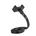 Black flexible silicone hose phone holder with aluminium and ABS parts and a double-hole mobile phone clip.