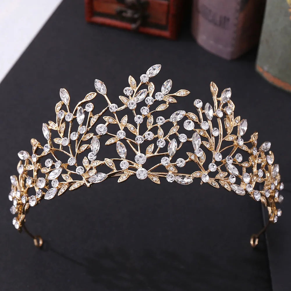 Vintage rhinestone headdress crown, alloy hair accessory, 15 x 6.5cm, retro crown shape, green phantom quartz crystal
