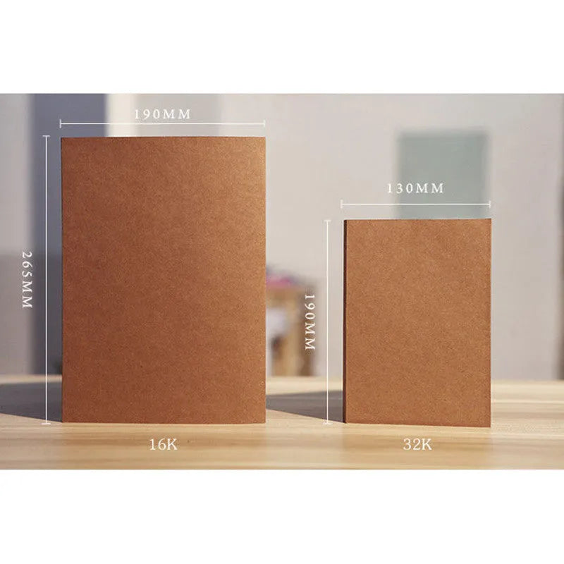 Brown and white kraft paper sketchbooks with lay-flat binding, shown in 16K and 32K sizes.