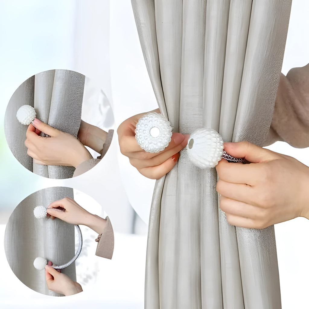 Magnetic curtain tiebacks with pearl beads in Beige, Coffee, Gray and other colours, holding curtain fabric back