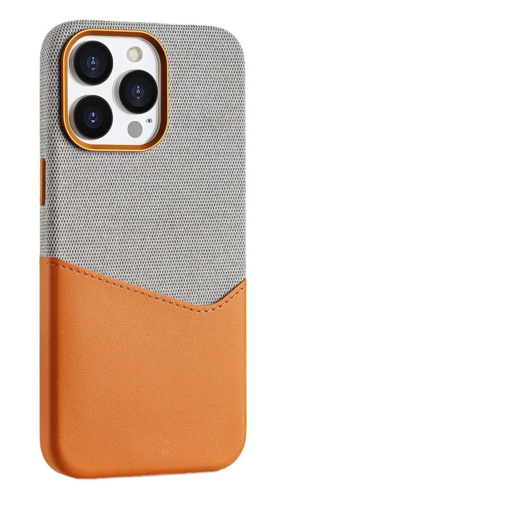 Black imitation leather magnetic card phone case with fabric finish for iPhone 12-15 Pro Max