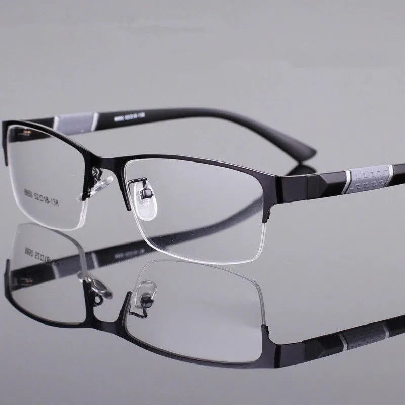Men's half-frame myopia glasses with metal frame in simple style, available in black blue grey with minus lenses -0.50 to -6.00