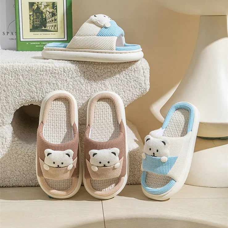 Cartoon bear women's house slippers with thick mute sole in blue, brown, green, pink, and yellow