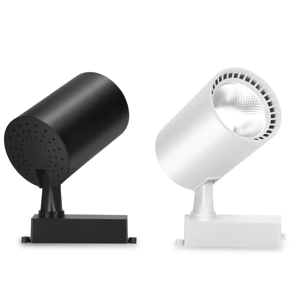 LED track spotlight in black with 24-degree beam angle and 10W power, suitable for jewellery and retail lighting