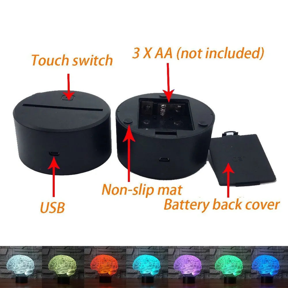Brain-shaped 3D acrylic illusion desk lamp with colourful LED lights on a black ABS base.