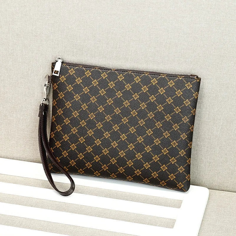 Men's soft PU leather gingham check envelope clutch bag with stitched sewing lines and handle