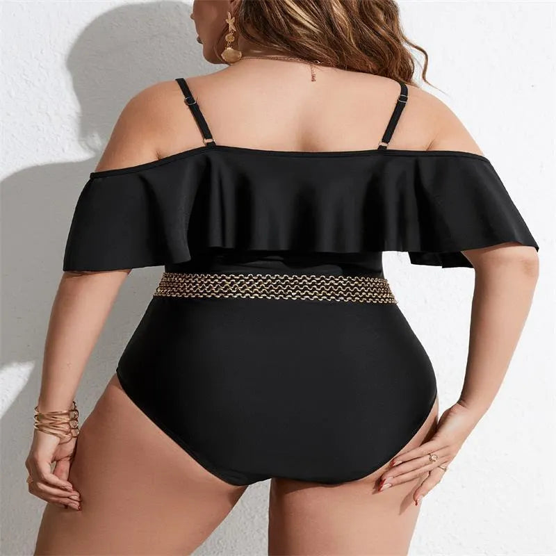 Black women's one-piece polyester swimsuit on a hanger