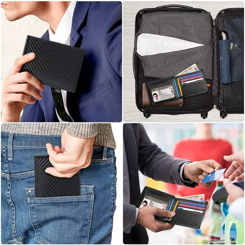 Men's black anti-magnetic wallet with PU leather exterior, microfiber lining, and sewing line detailing