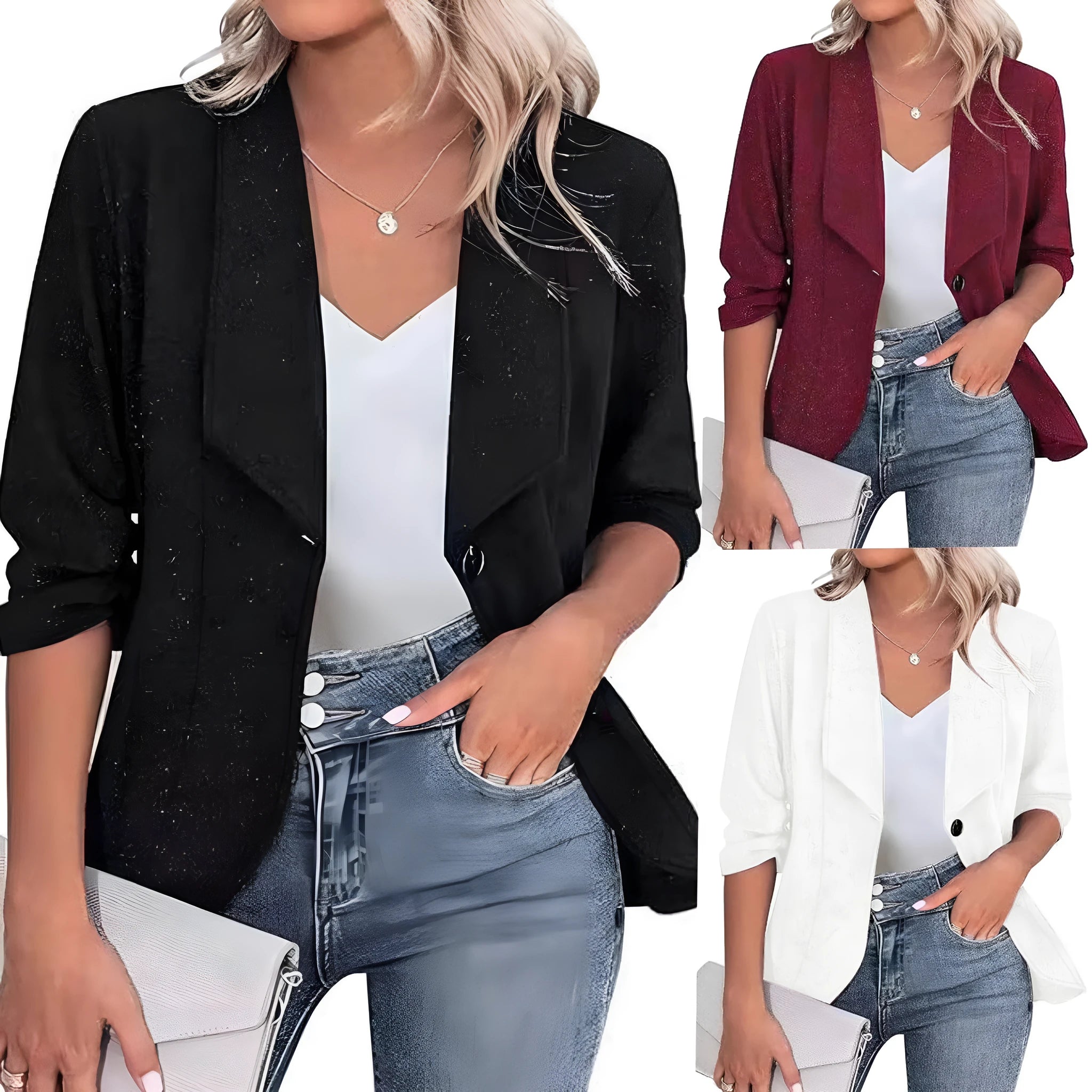 Women's slim fit cardigan suit jacket in polyester available in black, white, or wine red