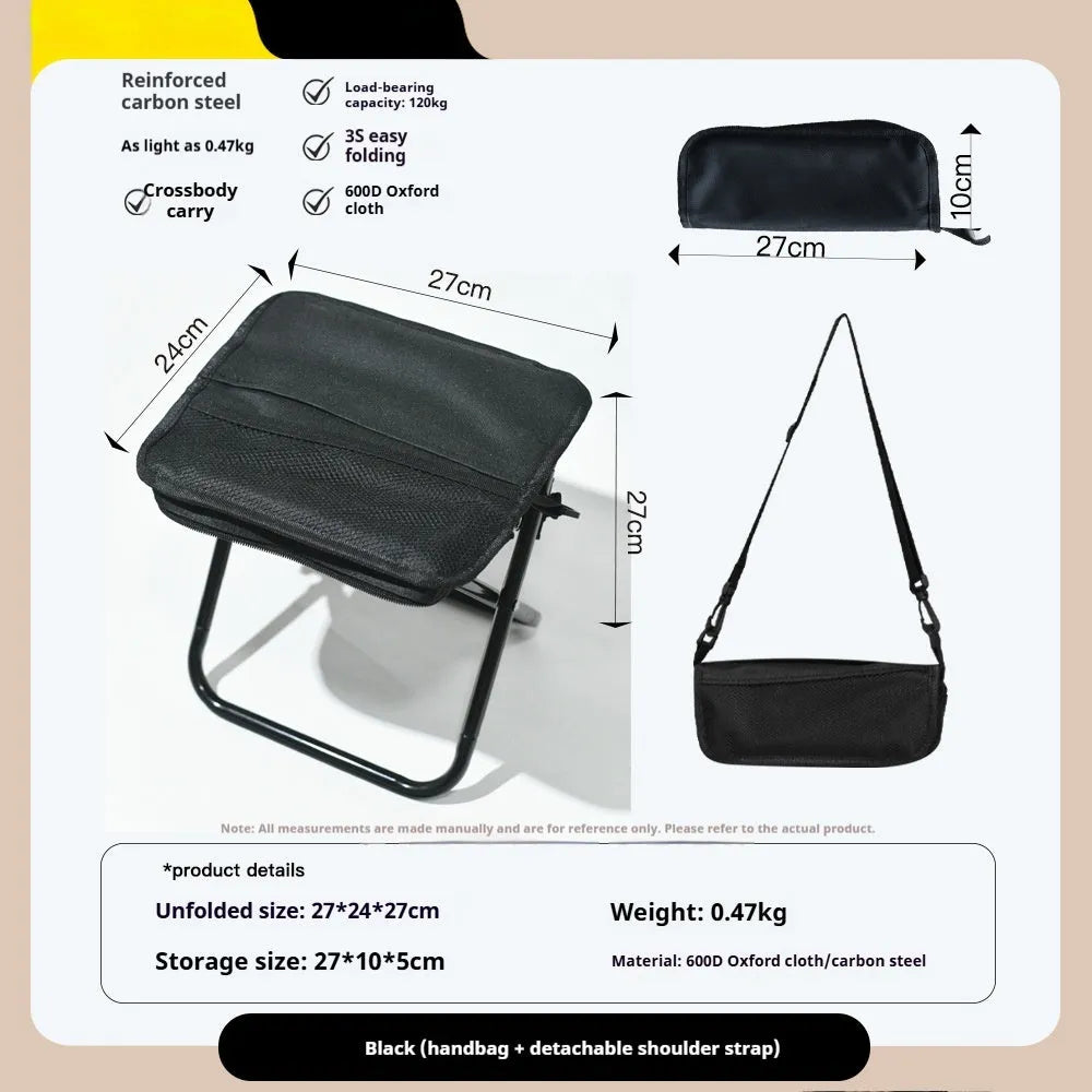 A lightweight foldable camp stool with an Oxford cloth seat, shown in a collapsed pencil box design.