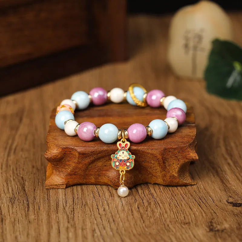 Grey porcelain glazed ceramic lucky rabbit charm bracelet with adjustable cotton cord