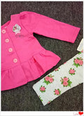 Girls' floral coloured cotton two-piece suit in rose red with single-breasted top and matching pants, sizes 18M and 24M