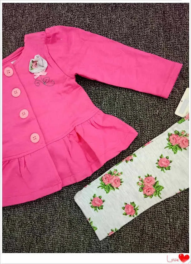 Girls' floral coloured cotton two-piece suit in rose red with single-breasted top and matching pants, sizes 18M and 24M