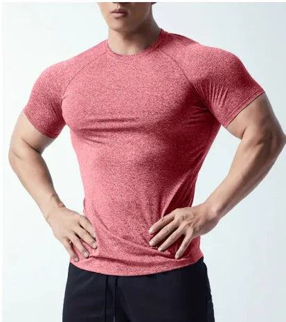 Men's tight stretch quick-drying round neck short sleeve t-shirt in polyester blend fabric