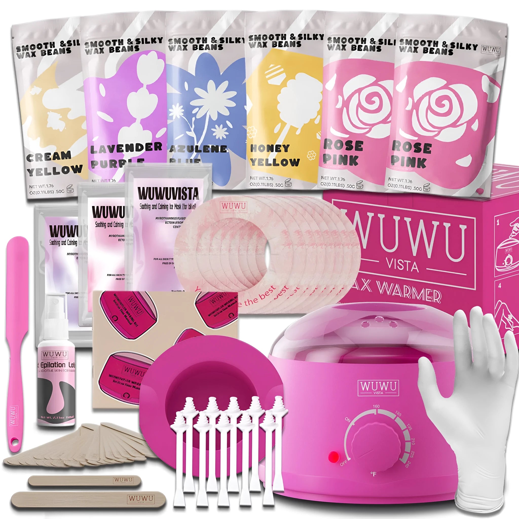 WUWUVISTA professional waxing kit with black wax warmer, coloured hard wax beads, applicators, and aftercare products.