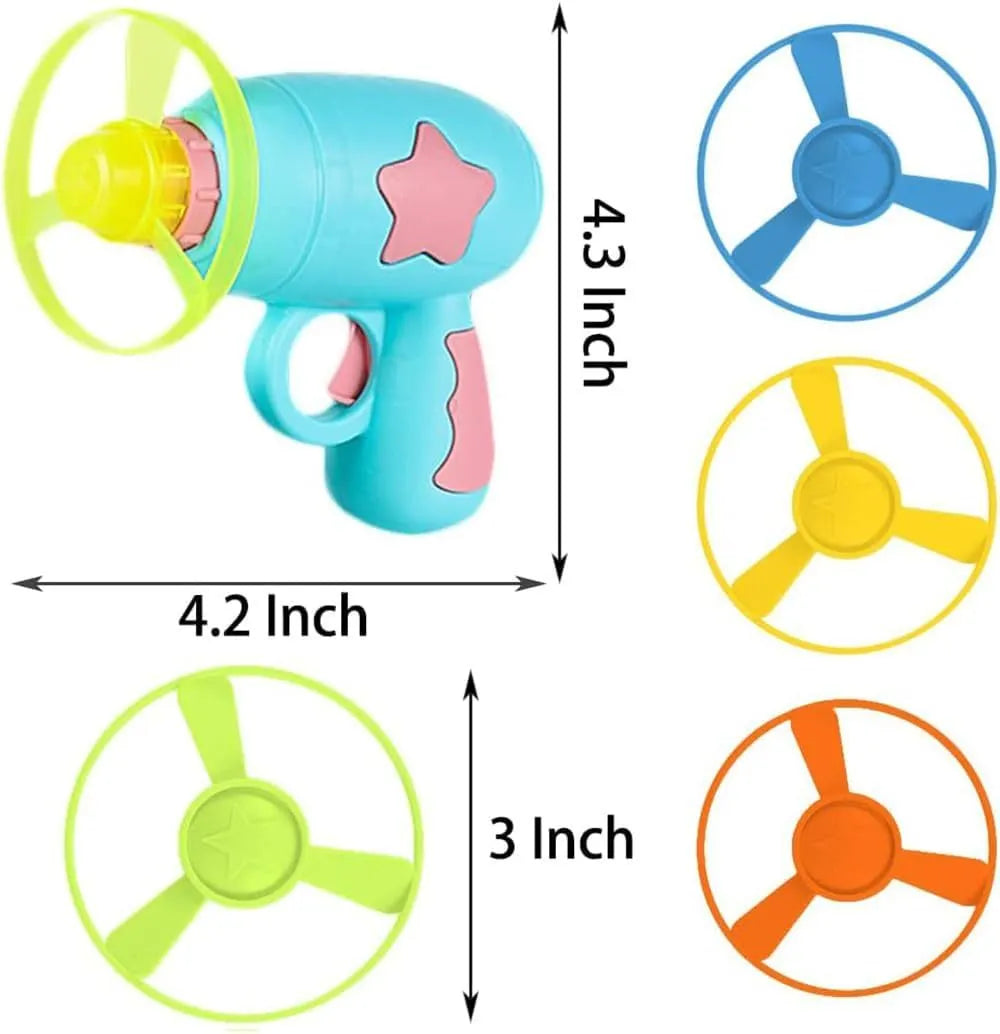 Blue plastic cat toy gun with spinning disc launcher for indoor feline entertainment