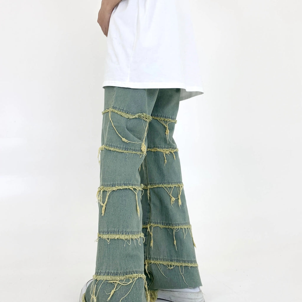 Men's green retro washed raw denim straight leg jeans