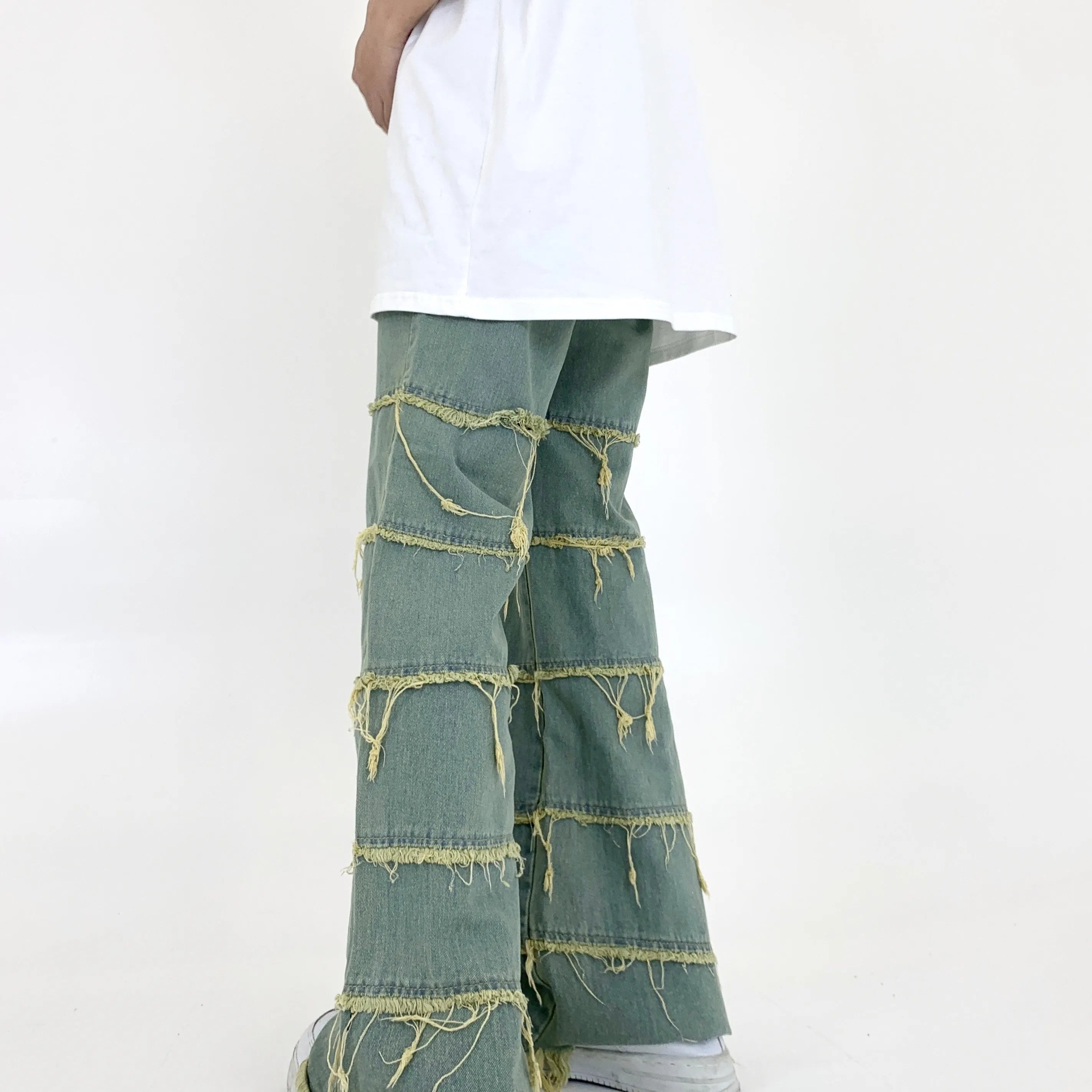Men's green retro washed raw denim straight leg jeans