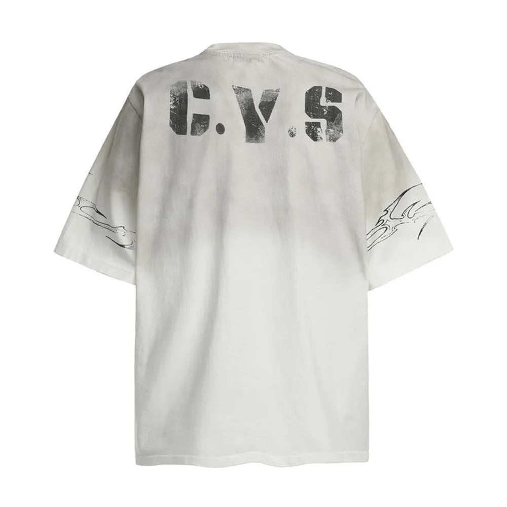 Men's black and white pure cotton short-sleeved printed t-shirt laid flat.